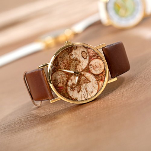 Promithi Damen Herren Stunden Uhr Point Armbanduhr mit Continental Karte braun