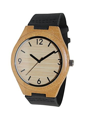Woody Armbanduhr Fashion Collection fuer Herren und Damen natur Bambus Holz Armbanduhr mit Zahlen Schwarz Echtes Leder Gurt schwarz Japanisches Quarz Uhrwerk