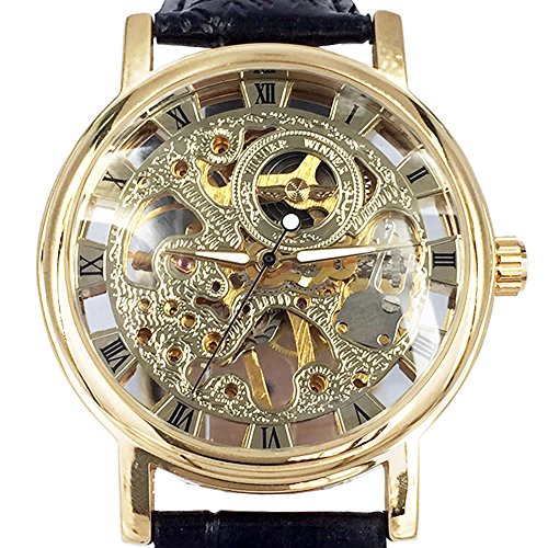 KTC Winner Gold Farbe Fall Skelett Zifferblatt mechanisch aufziehbar Bewegung Lederband Fashion Armbanduhr