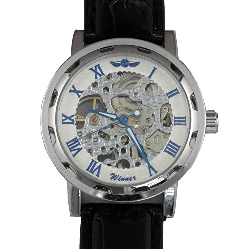 Silber Huelle Case Weiss Farbe Blau Haende Mechanische Zifferblatt Lederband Armbanduhr