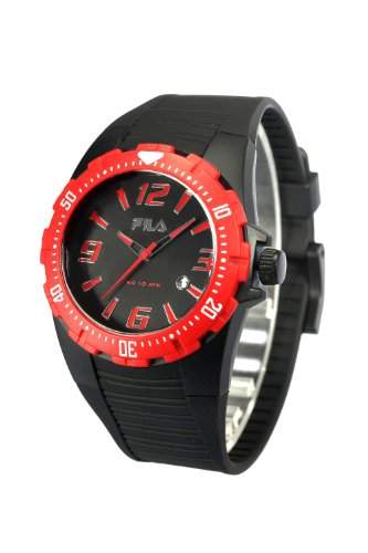 Herren Fila FL38023002 Schwarzen Kautschukarmband Uhr Rot Blende mit Schwarzes Zifferblatt und rot Pflege