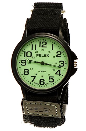 NY London Kinderuhr Jungen Nylon Textil Night Glow Klettverschluss Armband Uhr mit leuchtendem Ziffernblatt in Schwarz inkl Uhrenbox