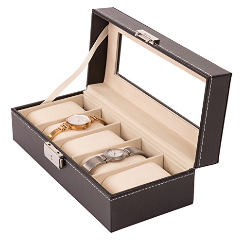 TRESKO Uhrenbox fuer 5 Uhren Uhrenkasten Uhrenschatulle Uhrenkoffer Uhrenaufbewahrung aus Kunstleder schwarz