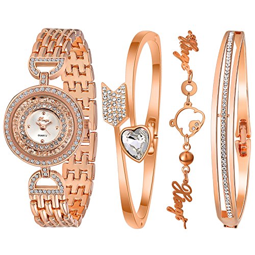 xinge Damen 4 Stueck rose gold Ton crystal accented Armreif Armbanduhr und Armband Set xg593r3257