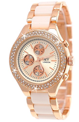 NY Designer Exclusive Damen Strass Uhr in Chronograph Optik Armbanduhr Beige Rose Gold inkl Uhrenbox