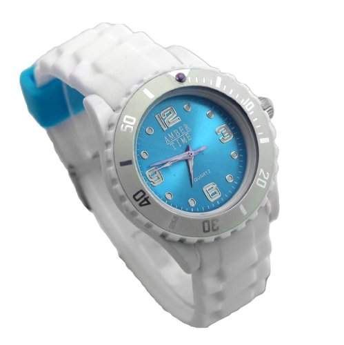 New Style Silikon Armbanduhr in knalligen Farben! - Amber Time Analog Uhr - Hellblau  Weiss