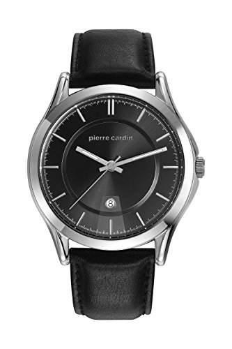 Pierre Cardin Armbanduhr Herrenuhr Quarz Uhr PC-Olivet - Analoge Uhr mit Datum, schwarzem Lederarmband und schwarzem Zifferblatt - 50m5atm - PC107221F02