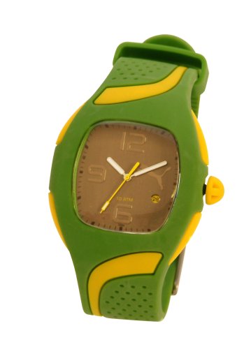 Puma Herren Energy silber Zifferblatt gruen und gelb Gummi Armbanduhr