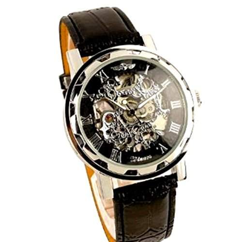 Winner - Herrenuhr - Selbstaufzug mechanische Uhr - Leder armbanduhr - silbern & schwarz
