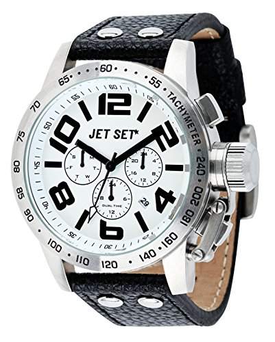 Jet Set - j74133 - 157 - San Remo - Armbanduhr - Quarz Chronograph - Weisses Ziffernblatt - Armband Leder Schwarz