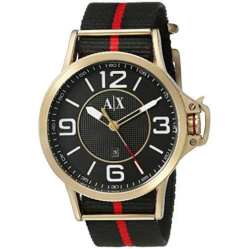 Armani Exchange Herren & Damen 44mm Schwarz Stoff Armband Datum Uhr AX1581