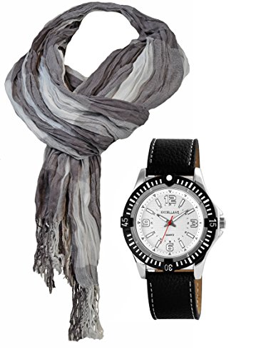 Uhr und Schal Exclusive Quarz mit grossem Gehaeuse Armbanduhr schwarz silber im Set mit Herrenschal