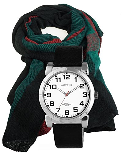 Uhr und Schal Geschenk Set Exclusive Quarz mit grossem Gehaeuse Armbanduhr schwarz silber im Set mit Schal fuer Maenner 1662