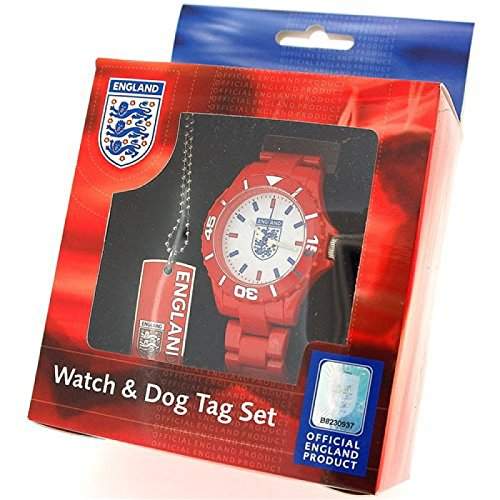 ENGLAND Crest BM14 Geschenkset mit roter analoger Sportuhr und Hundemarke