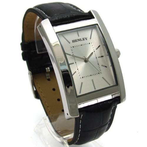 Analoge HENLEY Herren Armbanduhr mit texturiertem, silberfarbenem Ziffernblatt sowie schwarzem Kroko-Effekt Armband H01011