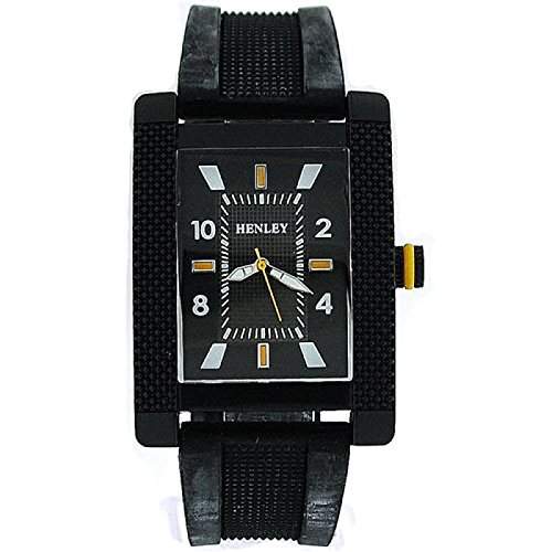 HENLEY Analoge Herren Armbanduhr mit rechteckigem, schwarzem Ziffernblatt und schwarzem Gummiarmband H020639