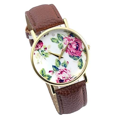 GENEVA Better Vintage Blume Damen Armbanduhr Basel-Stil Quarzuhr Lederarmband Uhr Top Watch ,Kaffee