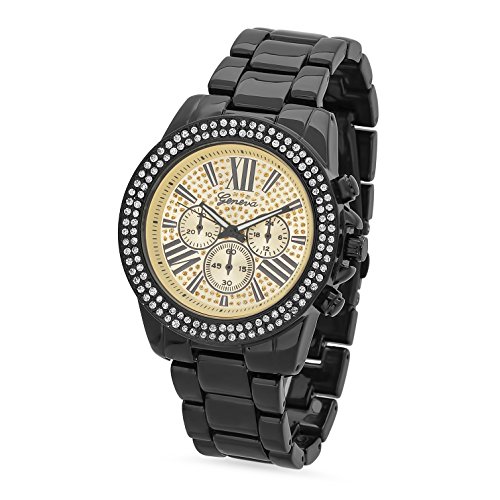 Black Plated Chronograph Style Geneva CZ Bezel Watch w Gold Black Dial