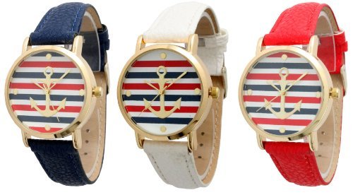 Damen Geneva Set 3 Stueck Multi Farbe Gestreift Anker Leder Uhren