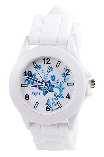 Geneva gedruckt Blumen Weiss Silikon Band Armbanduhr Typ 2