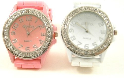 Pink Weiss 2 Stueck Geneva Kristall Strass Grosses Gesicht Armbanduhr mit Silikon Jelly Link Band