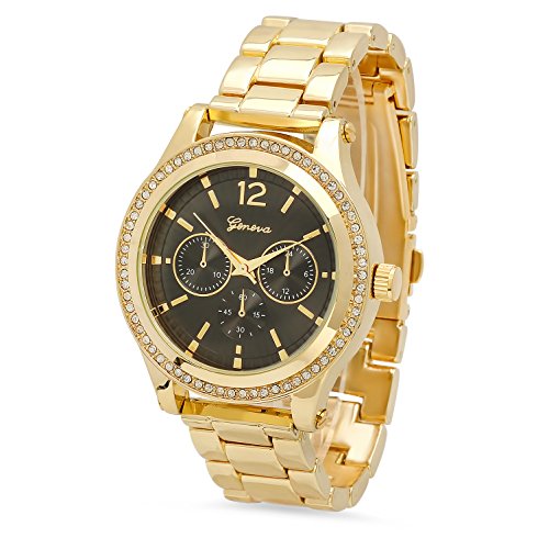 Mens Gold Plated Chronograph Style Geneva CZ Bezel Watch w Black Dial