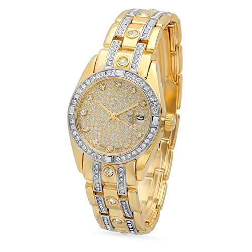 Mens Gold Plated Geneva CZ Bezel Watch w Gold Silver Dial CZ Band