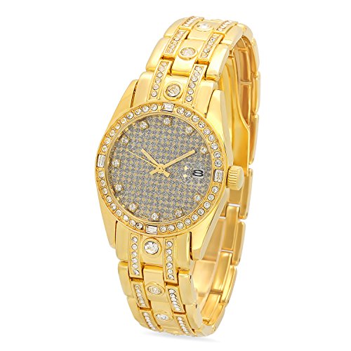 Mens Gold Plated Geneva Watch w Gold Silver Dial CZ Bezel CZ Band