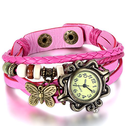 JewelryWe Retro Vintage Analog Quarz Uhr mit Schmetterling Beads Kugeln Charm Leder Armkette Armband Pink