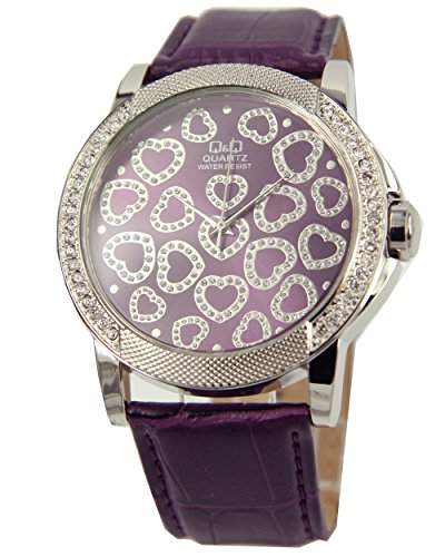 Q&Q Butterfly Damenuhr mit violett Leder armband Analog Quarz GS17J302