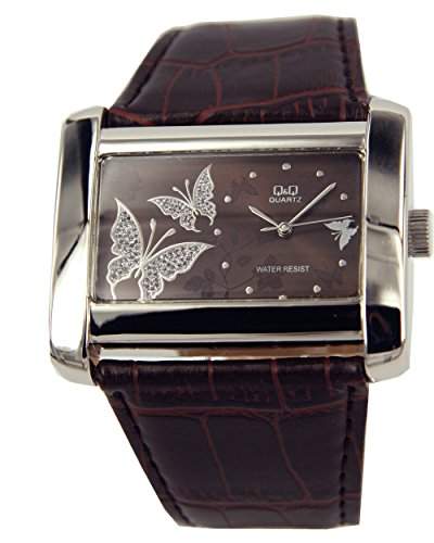 Q&Q Butterfly Damenuhr mit braun Leder armband Analog Quarz GS53J302