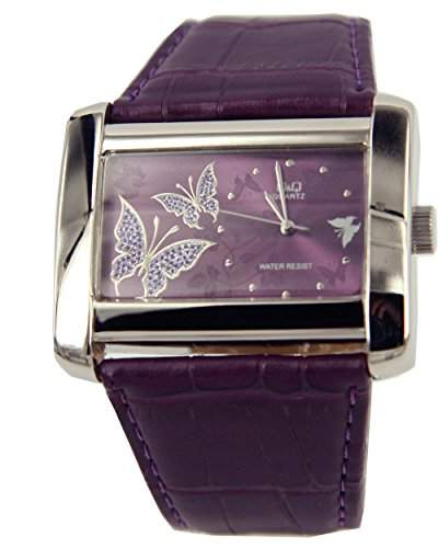 Q&Q Butterfly Damenuhr mit violett Leder armband Analog Quarz GS53J312
