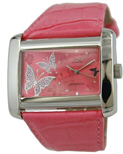Q&Q Butterfly Damenuhr mit rosa Leder armband Analog Quarz GS53J322