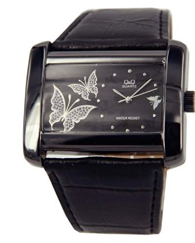Q&Q Butterfly Damenuhr mit schwarz Leder armband Analog Quarz GS53J502