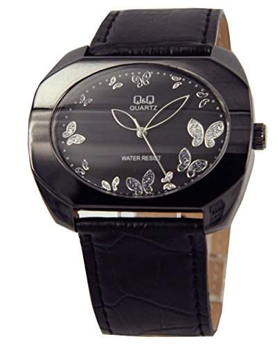 Q&Q Butterfly Damenuhr mit schwarz Leder armband Analog Quarz GS55J502