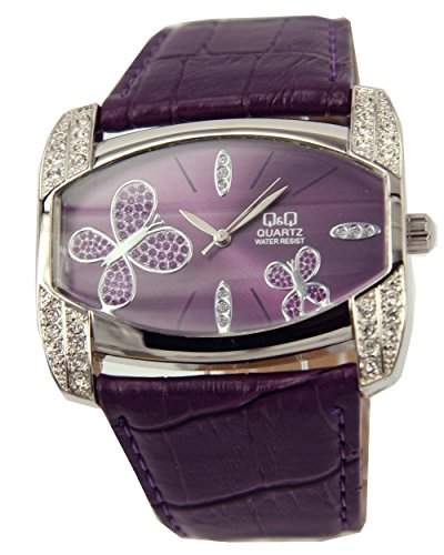 Q&Q Butterfly Damenuhr mit violett Leder armband Analog Quarz GS57J312