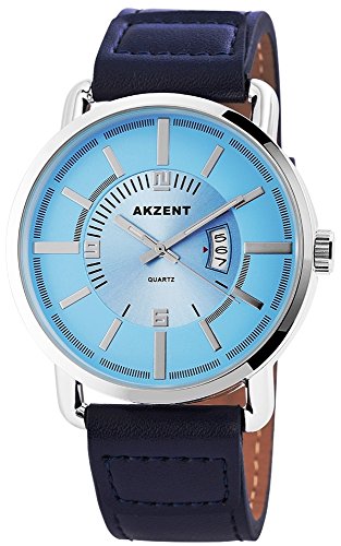 Akzent Premium XXL blau Leder Armbanduhr mit Datumsanzeige