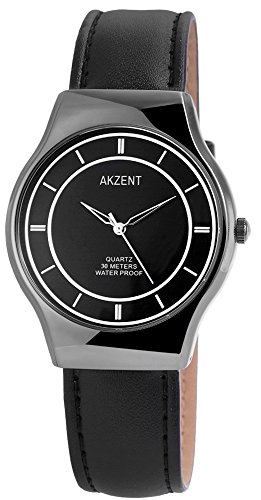 Akzent Premium schwarze PU Leder Armbanduhr Analog Quartz