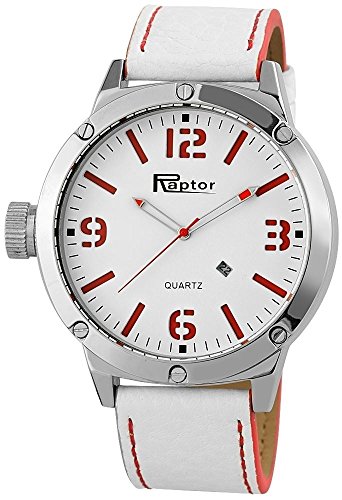 Raptor Analog Herren Armband Uhr Leder 52 mm Silber Weiss mit roten Naehten 297925000044