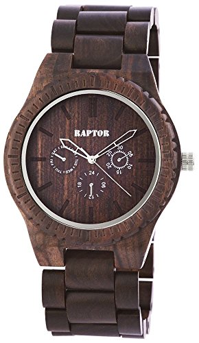 Raptor Herren Holz Armbanduhr mit braunem Holzarmband aus Sandelholz Wood Collection 45 mm Datumsanzeige 298197000010