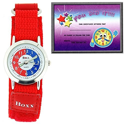 BOXX Lernuhr Maedchen mit Rot Weissem Ziffernblatt PU Armband mit Klettverschluss Uhr Lesen Urkunde