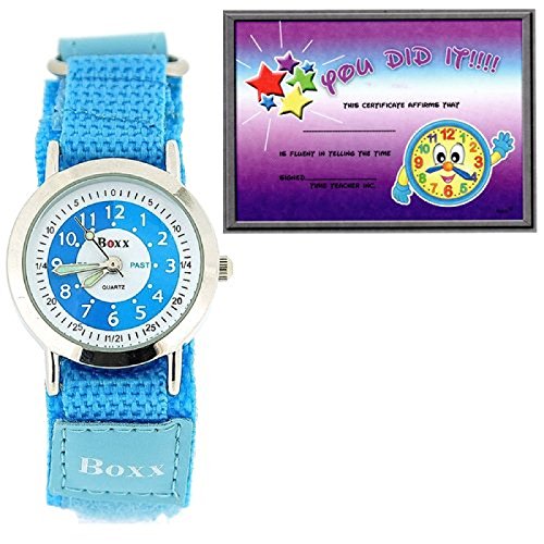 BOXX Lernuhr Maedchen mit Blau Weissem Ziffernblatt PU Armband mit Klettverschluss Uhr Lesen Urkunde