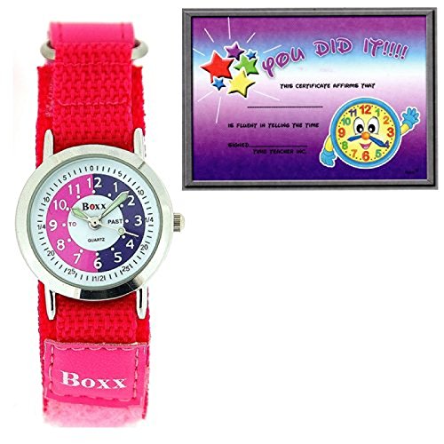 BOXX Lernuhr Maedchen mit Pink Weissem Ziffernblatt PU Armband mit Klettverschluss Uhr Lesen Urkunde