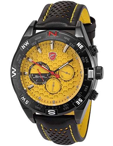 Shark Herren Armbanduhr 6 Zeiger Analog Lederband Zwei Zeitzonen Uhr SH083