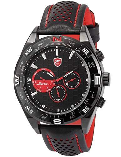 Shark Herren Armbanduhr 6 Zeiger Analog Lederband Zwei Zeitzonen Uhr SH080