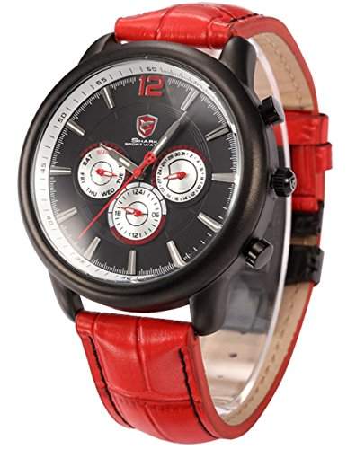 Shark Schwarze Herren Quarz Armbanduhr mit Rote Leder Armband SH098
