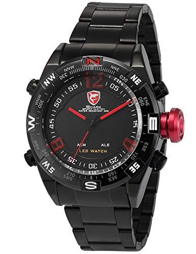 Shark Dual LED Digital Armbanduhr 2 Zeitzonen Uhr Edelstahlband SH101