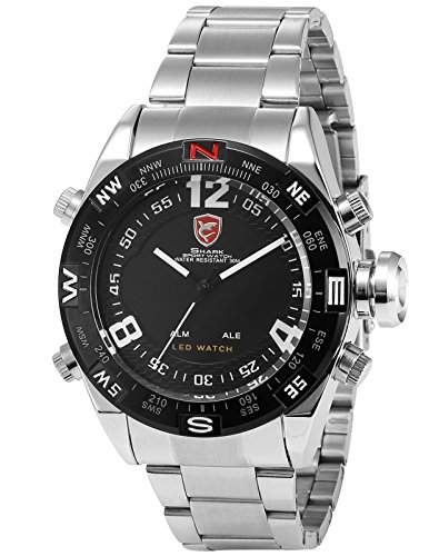 Shark Dual LED Digital Armbanduhr 2 Zeitzonen Silber Edelstahl Uhrband SH102
