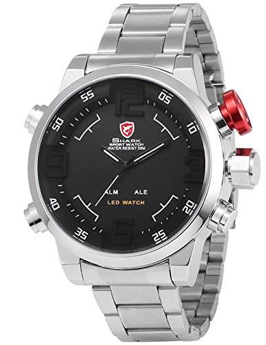 Shark Dual LED Digital Armbanduhr Silber Edelstahl Uhrband SH103