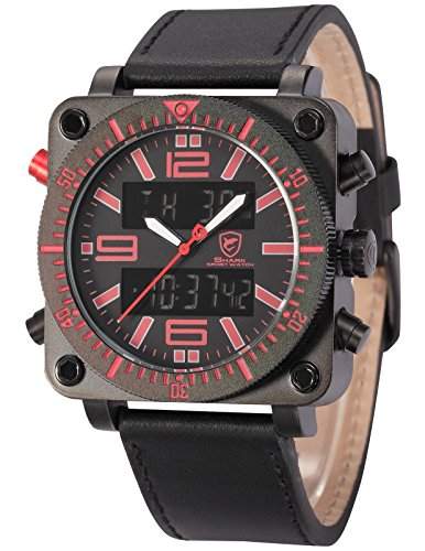 Lantern Shark - Herren Armbanduhr Digitales Quarzuhr Sportuhr Schwarze Armband aus Leder Datumanzeige SH128